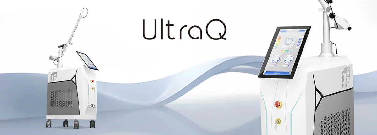 UltraQ aesthetic device from a leading Q-switched Nd:YAG laser supplier, featuring a professional articulated arm, high-resolution touchscreen interface, and sleek white medical-grade design for advanced skin treatments