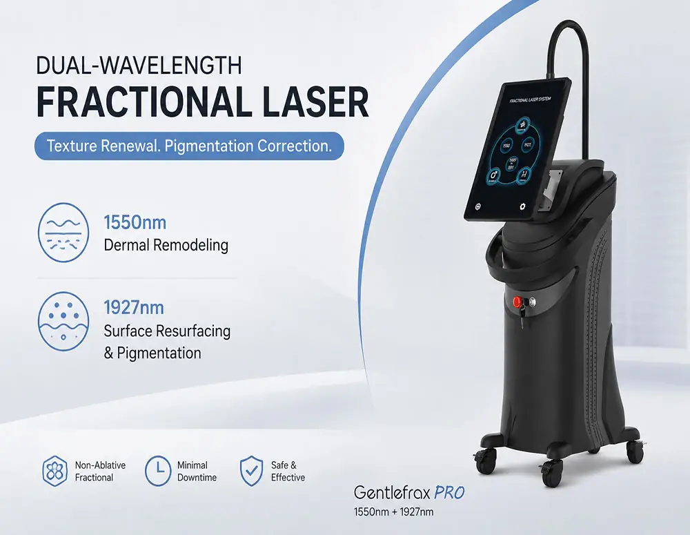 Gentlefrax PRO dual-wavelength laser infographic showing 1550nm for dermal remodeling and 1927nm for surface resurfacing and pigmentation with minimal downtime.