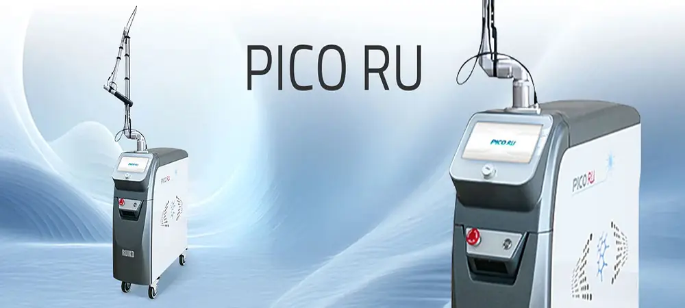 Detailed view of the Haidari Beauty Pico-RU laser system, showing the 300ps pulse technology device and its articulated arm.