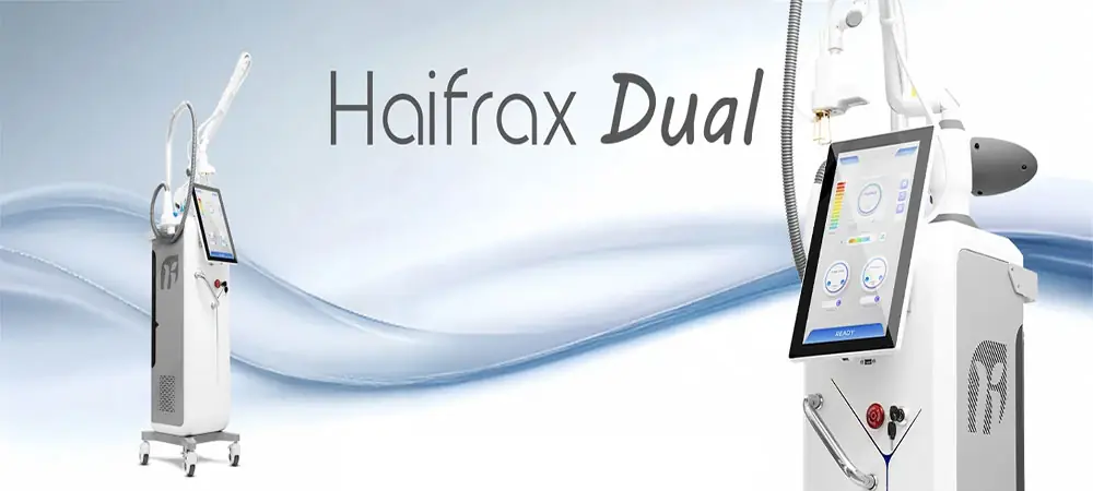 A full view and close-up of the Haifrax Dual machine showing its touchscreen interface, ergonomic handpieces, and sleek medical-grade design.