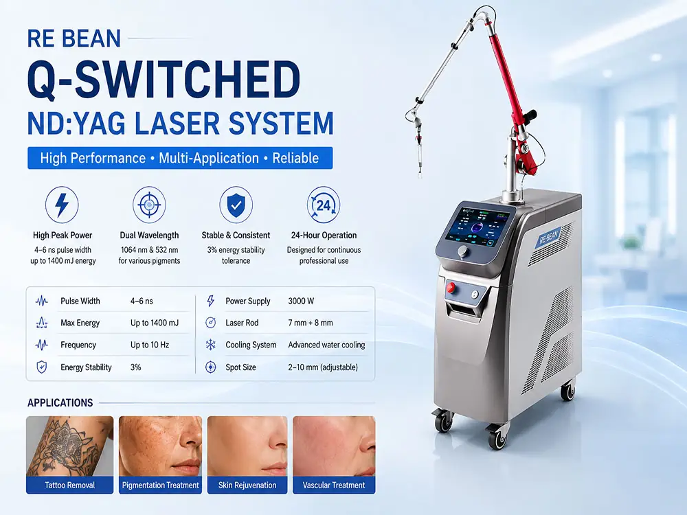 Technical specifications of the RE-BEAN Q-Switched Nd:YAG Laser showing 4-6ns pulse width, 1400mJ energy, and 10Hz frequency, alongside applications for skin rejuvenation and vascular treatment.